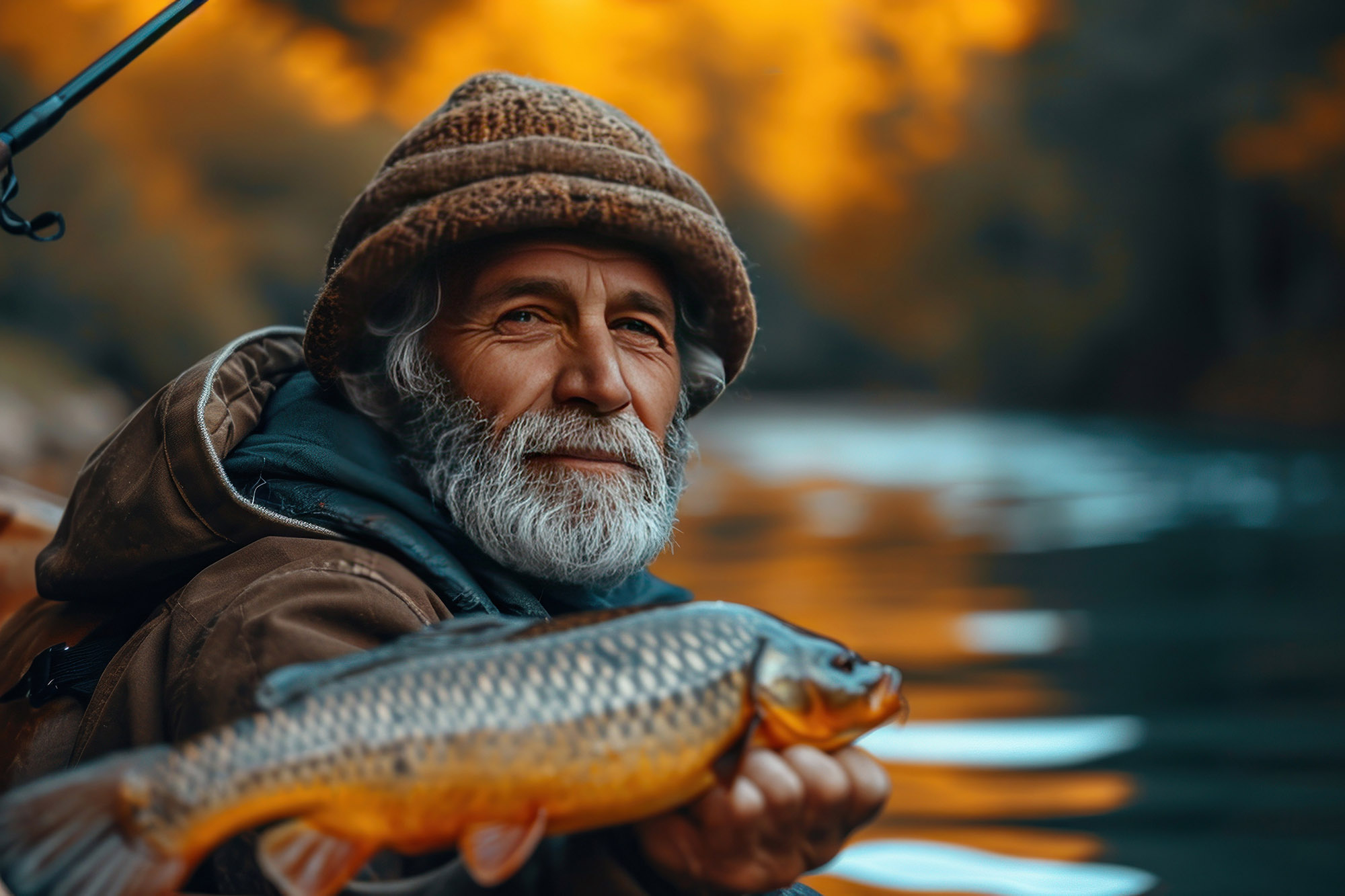 fisherman holding a fish he caught from a lake